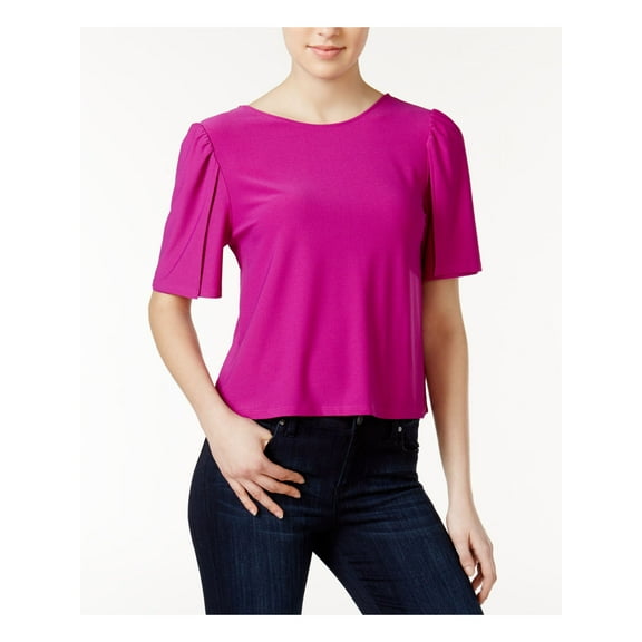 KENSIE Womens Purple Low Back Tie Back Petal Sleeve Jewel Neck Top L