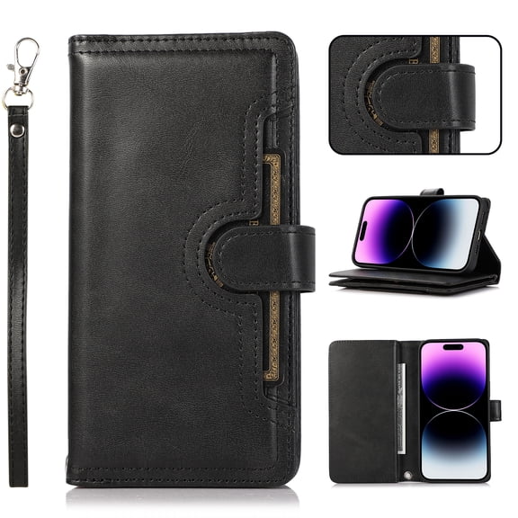 Compatible with iPhone 16 Wallet Case,RFID Blocking PU Leather Folio Magnetic Closure Protective Cover with Wrist Strap Outer Slide Credit Card Holder Kickstand Men Women,Black