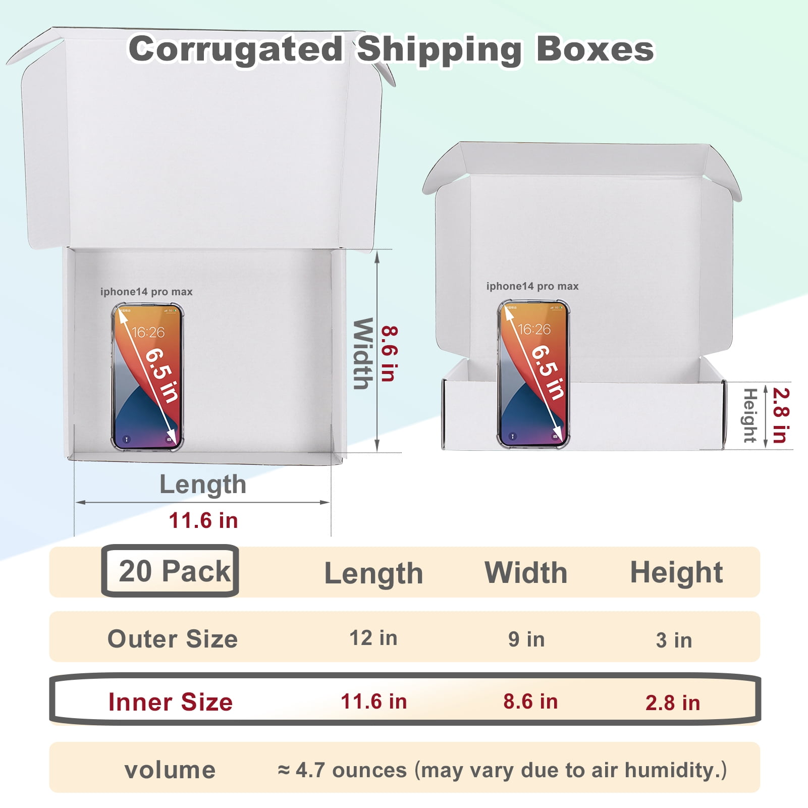 12x9x3 Shipping Boxes Set of 20, White Corrugated Cardboard Box for Packing, Mailing, Business