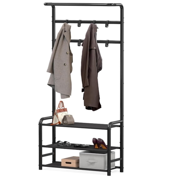 Coat Rack with Storage Shelf, Freestanding Hall Tree with Hooks for Entryway, Bedroom, Office, Black Metal Clothes Hanger Stand for Coats, Hats, Jackets, Bags - Black