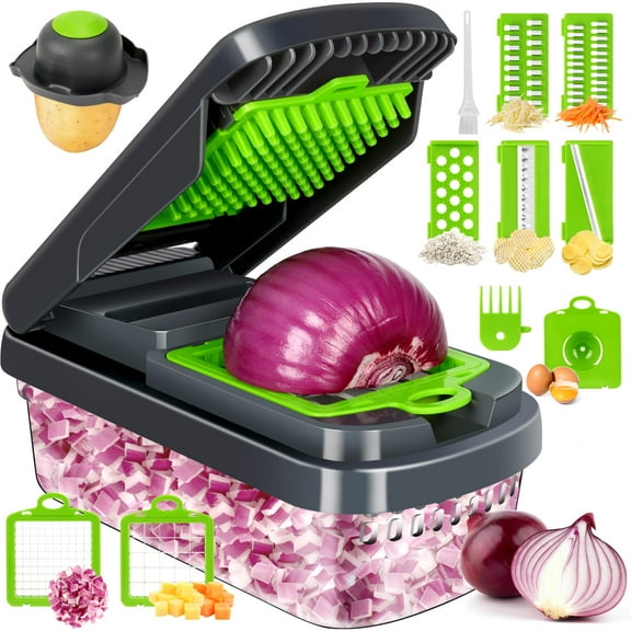 Vegetable Chopper 12 in 1, Multifunctional Food Chopper, Onion Chopper with 7 Blades, Vegetable Cutter with Container, Salad Potato Carrot Garlic Chopper, Kitchen Tool, Grey
