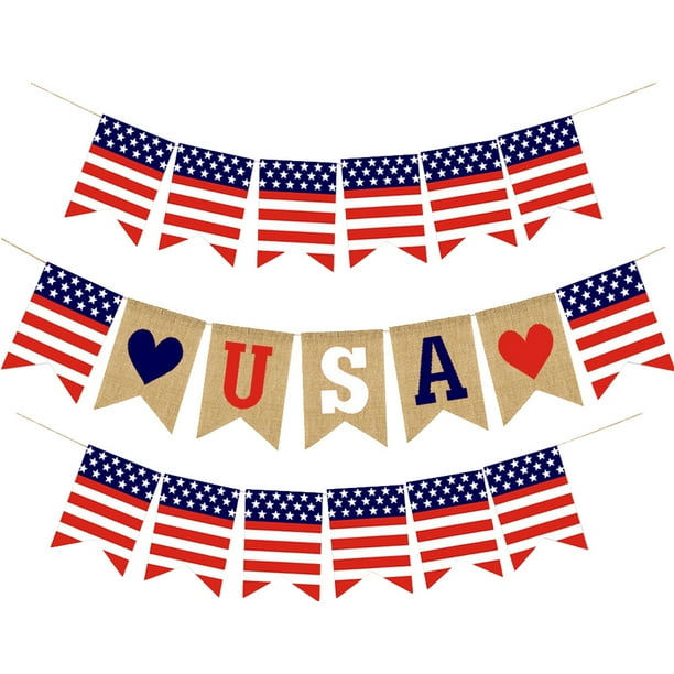 KAKOWELY 3 banderines de arpillera para el Día de la Independencia de Estados Unidos, banderines para colgar, suministros de decoración para fiestas de cumpleaños