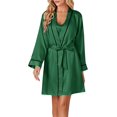 thumbnail image 5 of Women's 3pcs Satin Pajamas Set Cami Top and Shorts Sleepwear PJs Set with Robe,Dark Green, 5 of 5