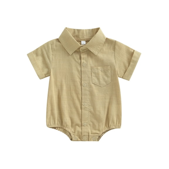 Hirigin Newborn Baby Boy Clothes Cotton Linen Button Up Bodysuit Shirt Oversized Lapel Short Sleeve Bubble Romper Outfit