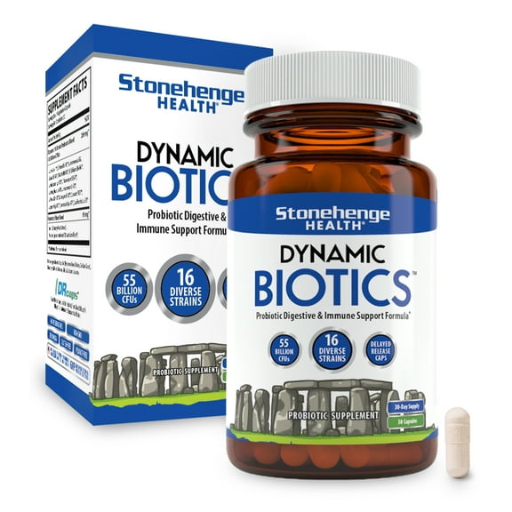 Stonehenge Health Dynamic Biotics Probiotics 55 Billion CFU, 16 Strains, Prebiotic, Synbiotic, Lactobacillus Acidophilus, Delayed Release, Shelf Stable, Supplement Capsule (1 Pack)