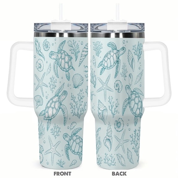 40oz Blue Sea Turtle Tumbler with Handle and Straw Coastal Insulated Travel Coffee Cup Gift