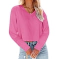 thumbnail image 2 of Women Long Sleeve Solid Color V Neck Cropped T Shirts Crop Tops, 2 of 5