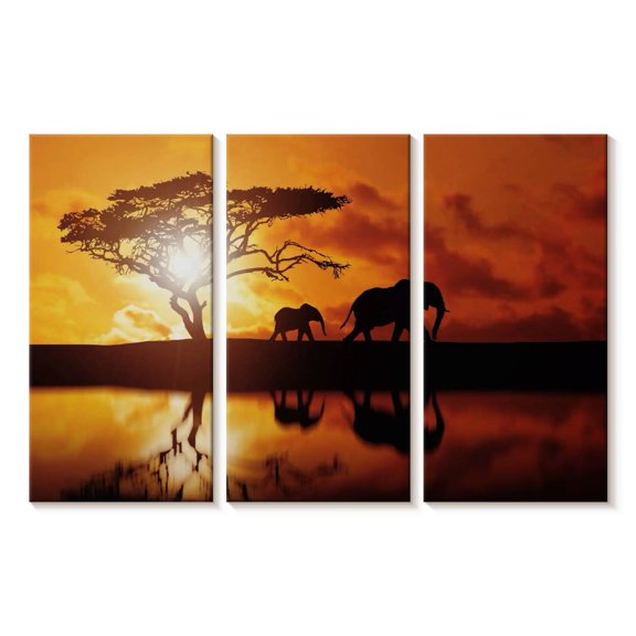 Elephant Stock Elephant Silhouettes At Sunset Wall Art - Horizontal Multi Panel Canvas - Living Room Wall Decor - Animal Multi Panel - Orange And Brown Decor - 23" x 14"