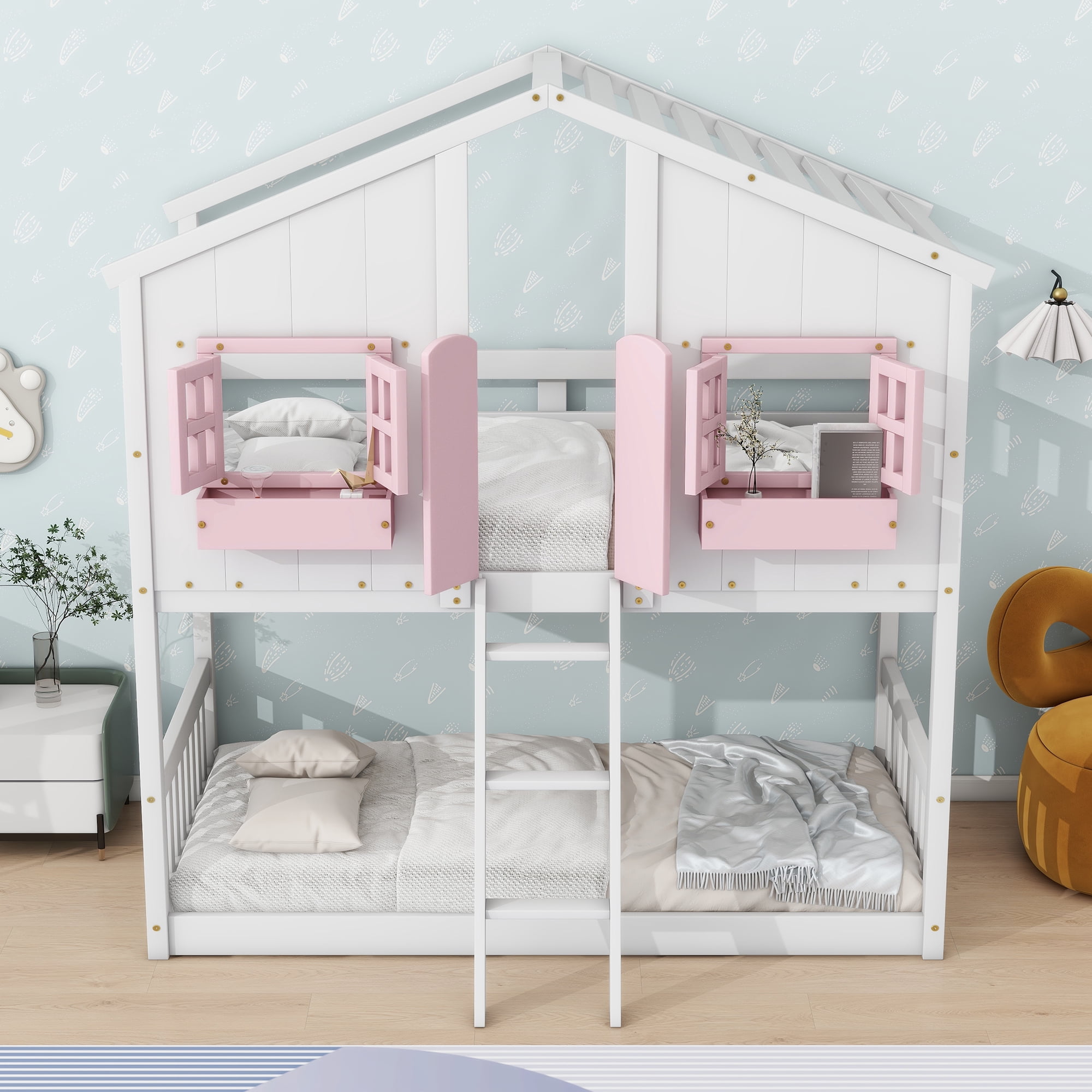 Sailvan Twin over Twin House Bunk Bed with Roof and Window, Low Height Safety Design Pink&White