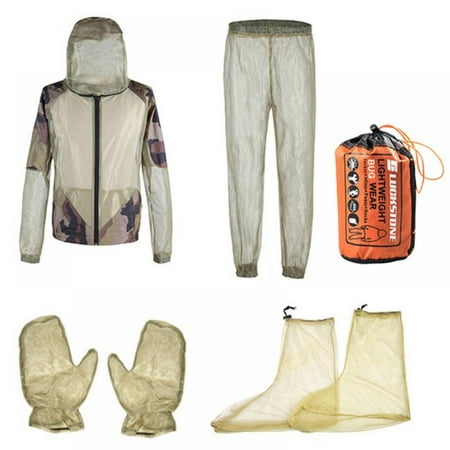 Anti Mosquito Netting Suit with Zipper on Hood Ultra-fine Mesh Pants Mitt Socks with Free Carry Pouch for Protecting Hunting Fishing Men Women