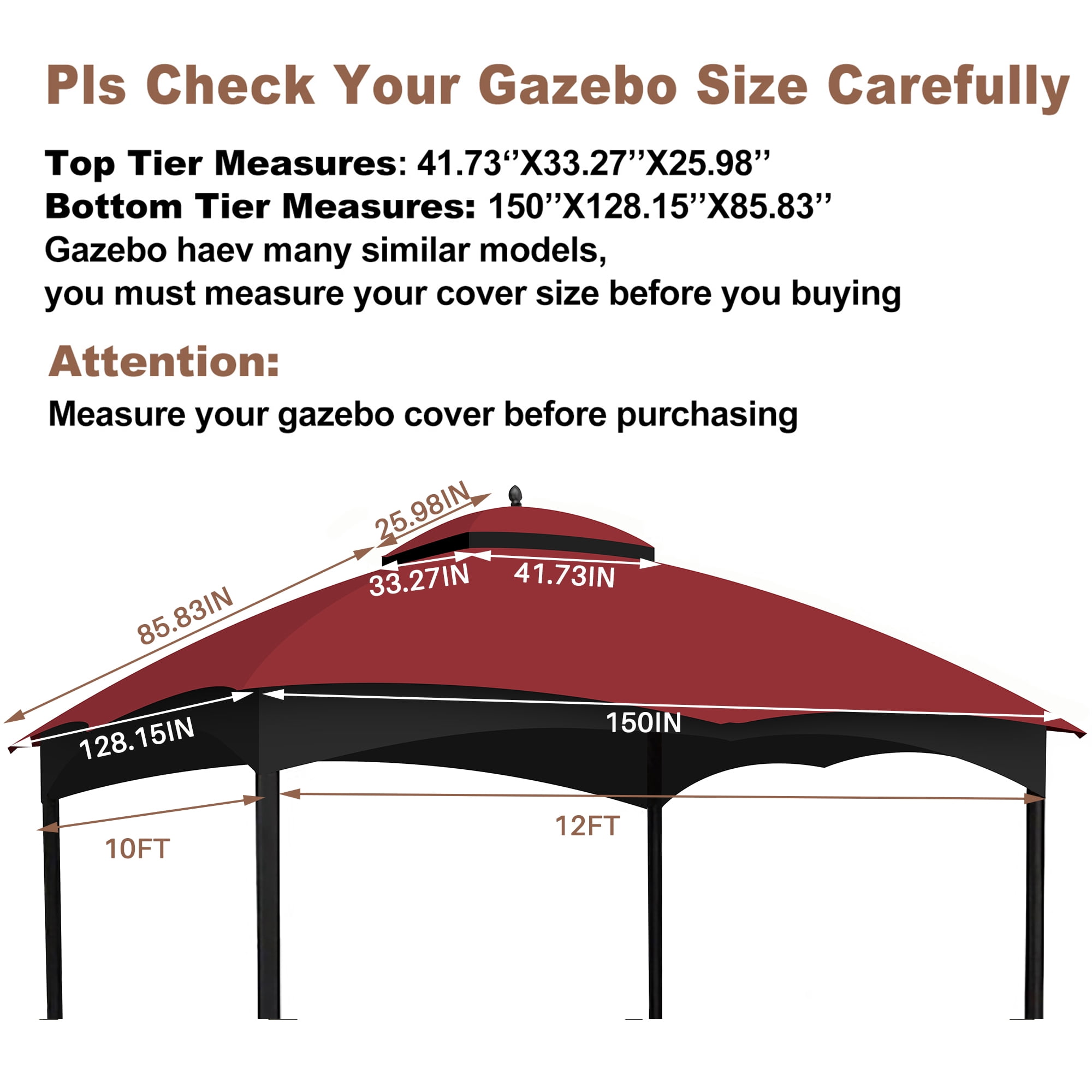 Replacement Canopy Top Cover for 10'X12' Gazebo Double Tiers for Outdoor Garden Patio Sunshade,Burgundy