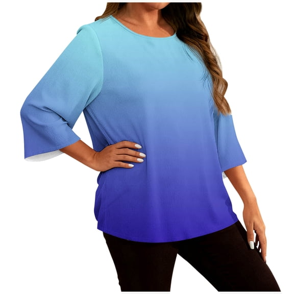 VEKDONE Womens Plus Size 3/4 Sleeve Tops Crewneck Loose Fit Tees Gradient Color Shirt Dressy Casual Workout Three Quarter Sleeve Blouses Sky Blue XXXL