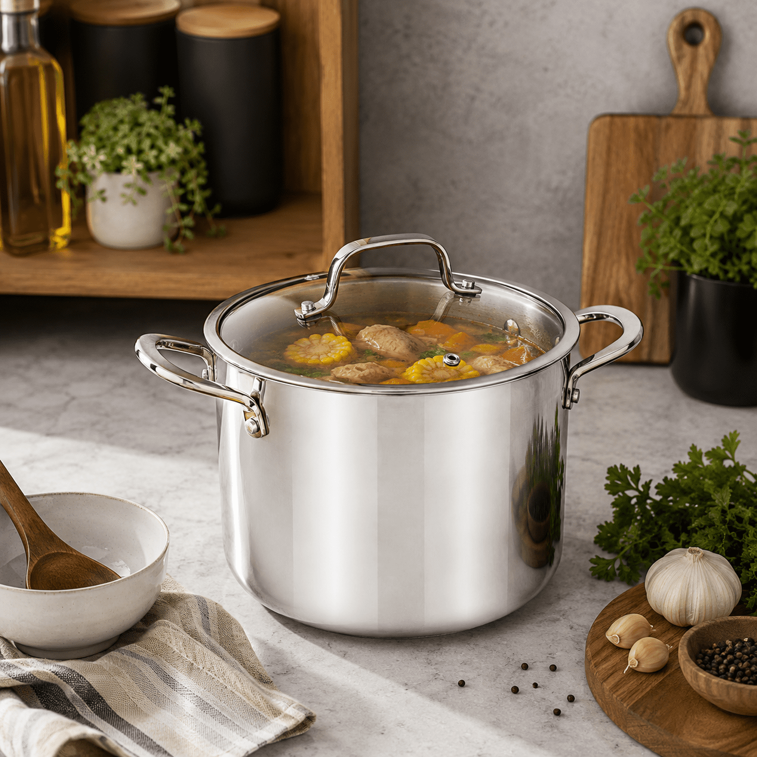 CoreClad 12-Quart Induction Ready Tri-Ply Stainless Steel Stock Pot with Glass Lid