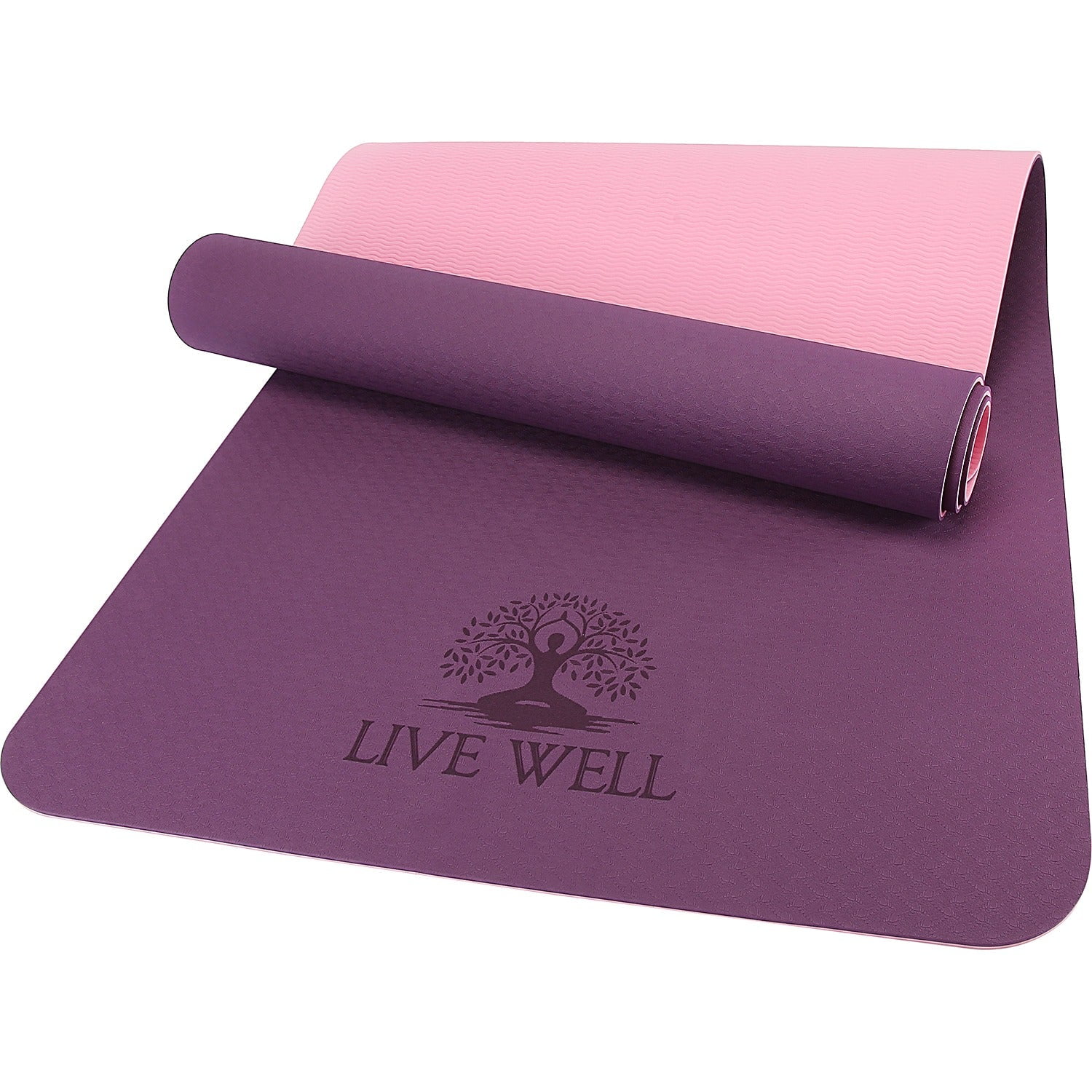 LIVE WELL Dual Color TPE Yoga Mat - Purple/Pink, 6X2ft 6mm Thick