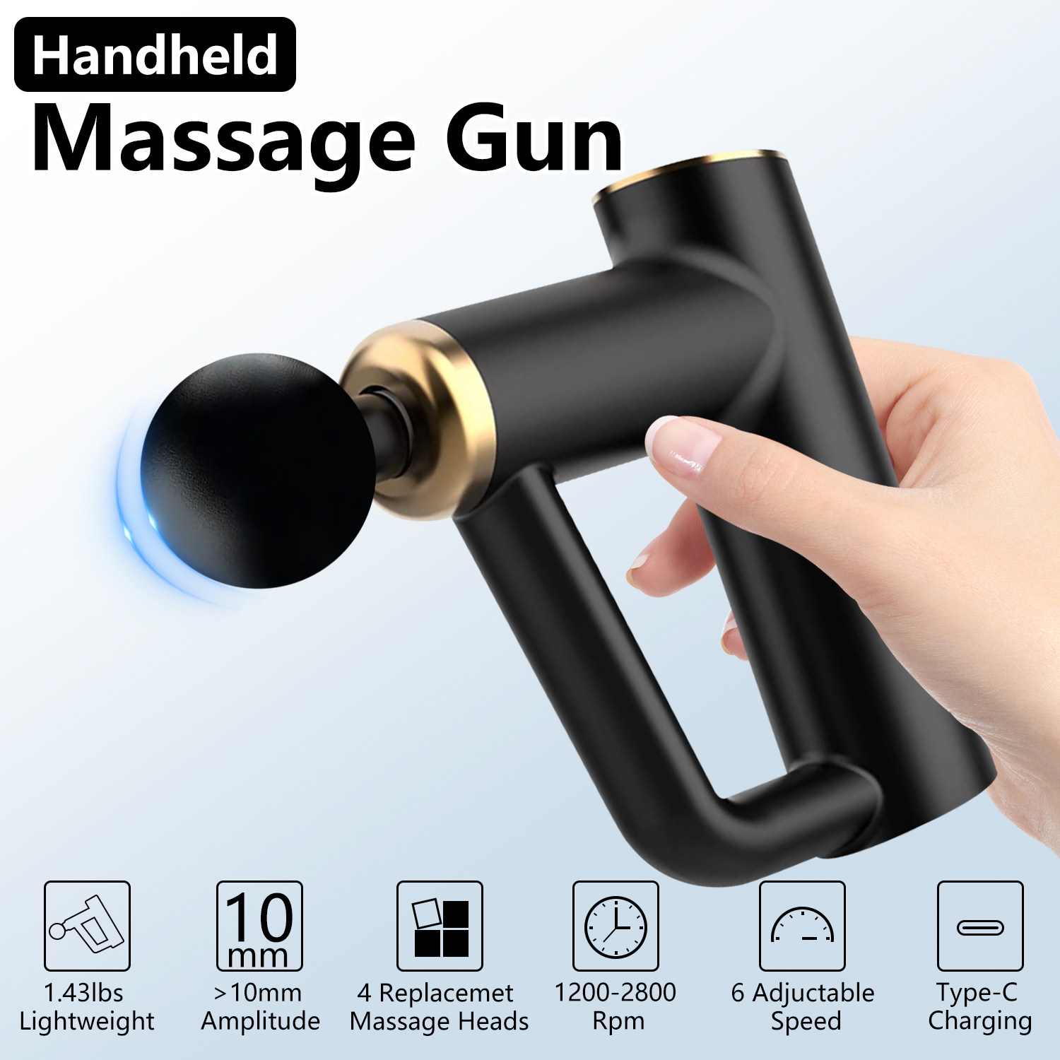 Syenll Massage Gun, Massage Gun Deep Tissue, Percussion Massage Gun with 4 Heads and 6 Speeds, Handheld Massager for Athletes Pain Relief, Black