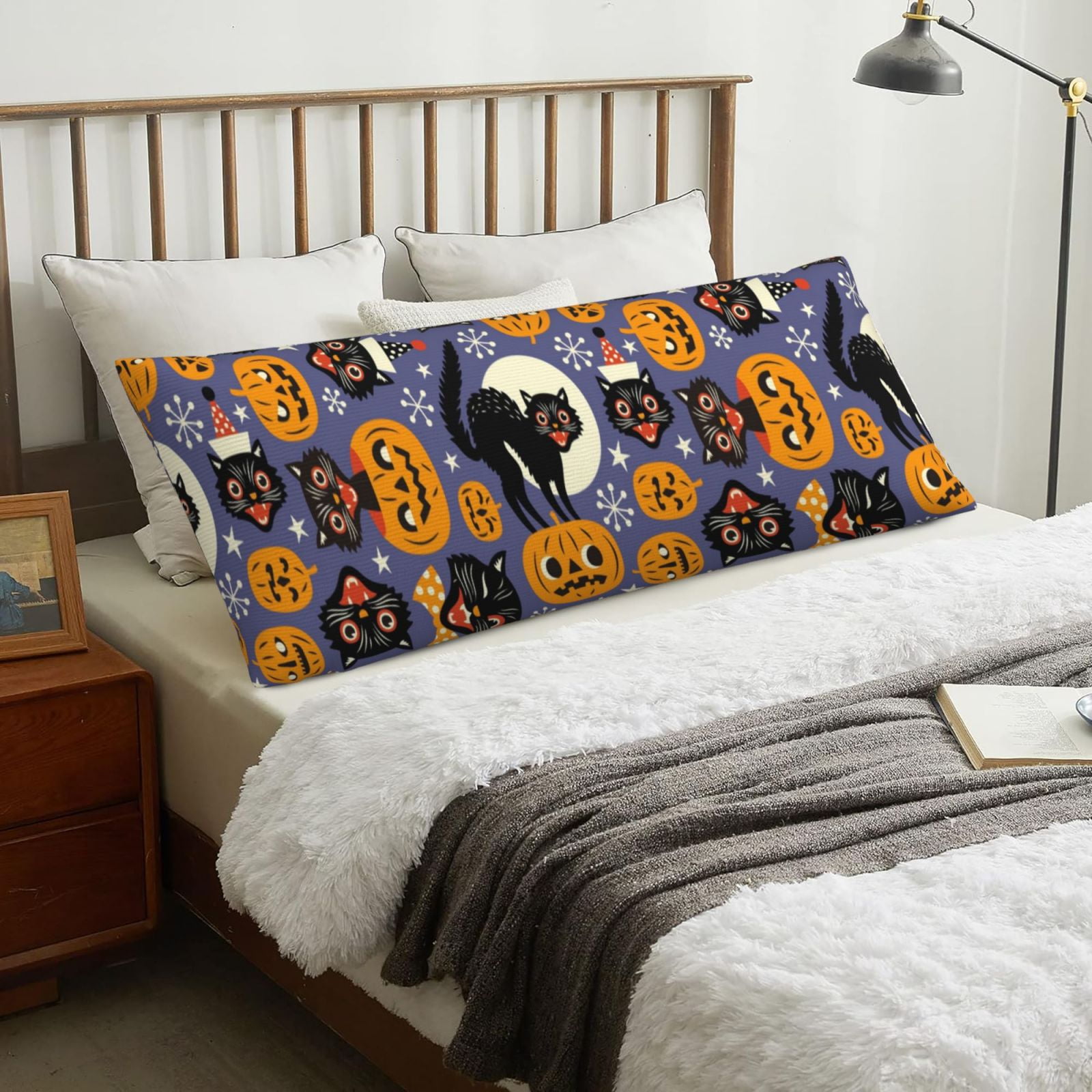 Naloa Spooky Cats And Halloween Pumpkins Super Soft 20x60 Body Pillow Case,Long Side Hidden Zipper（PILLOWS ARE NOT INCLUDED）