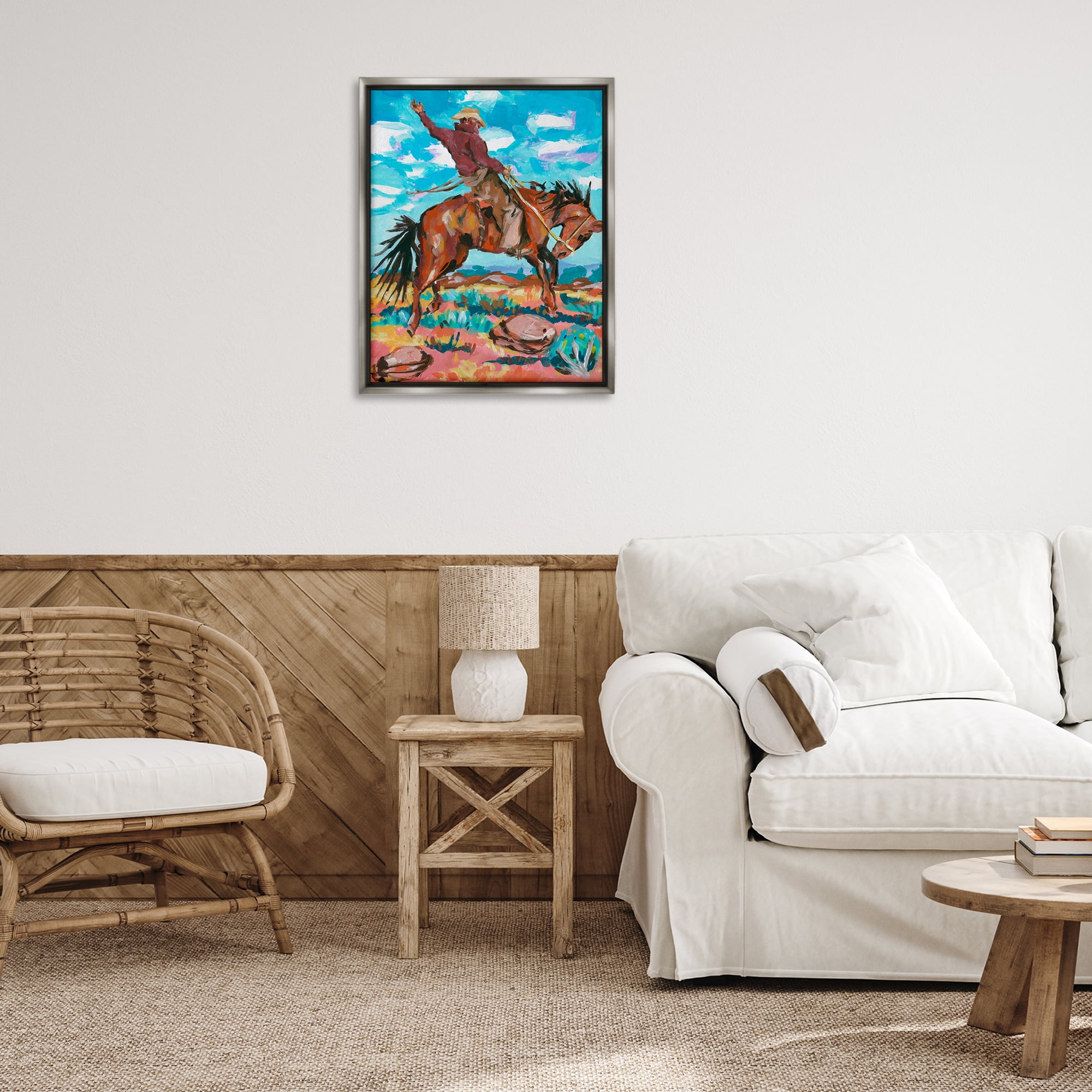 Stupell Industries Cowboy on Rearing Horse Animals Painting Gray Floater Framed Canvas Art Print Wall Art, 25 x 31