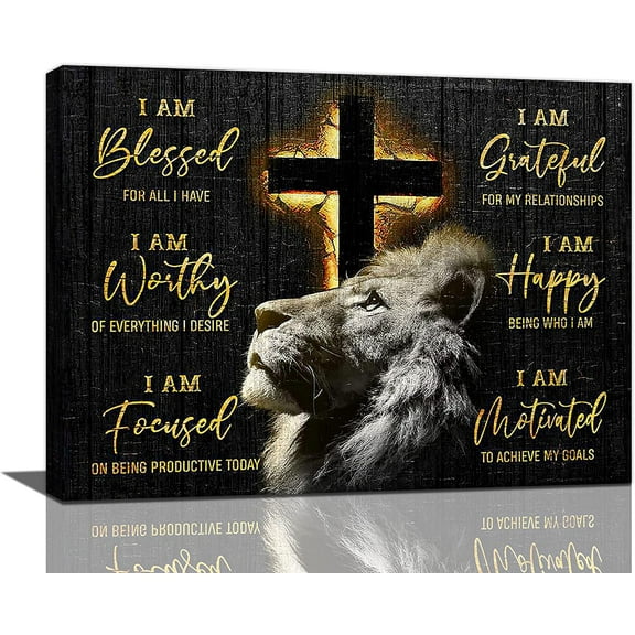 Lion Motivational Canvas Wall Art Christian Cross Lion Wall Decor Jesus Lion of Judah Pictures Prints Inspirational Scripture Gifts Home Framed Artwork for Living Room Bedroom Bathroom 16"x12"