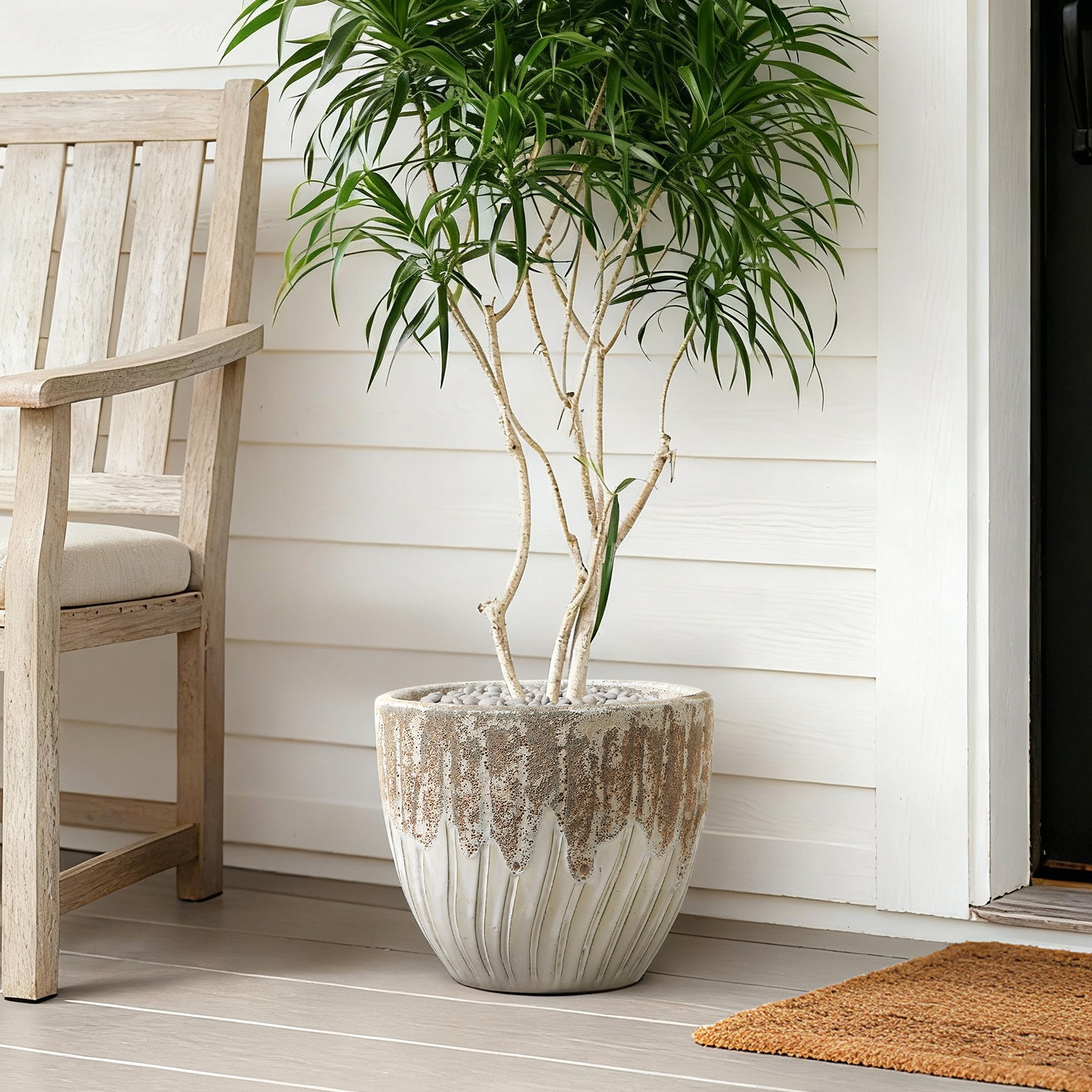 LuxenHome 14" Dia Two Tone Ivory Large Round Plant Pots, Modern Indoor Outdoor Ceramic Planter for Living Room, Garden, Patio