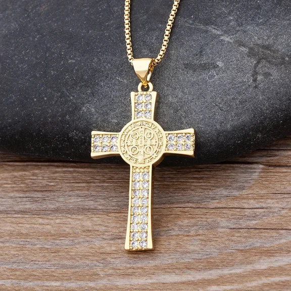 Fashion Charm Chain Crystal CZ 14K Yellow Gold Necklace For Women Jewelry Gifts Classic Cross Pendant Necklace Accessories