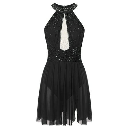 Eandarui Womens Lyrical Dance Dress Glittery Rhinestone Ballet Leotard Modern Contemporary Dancewear Black XXL