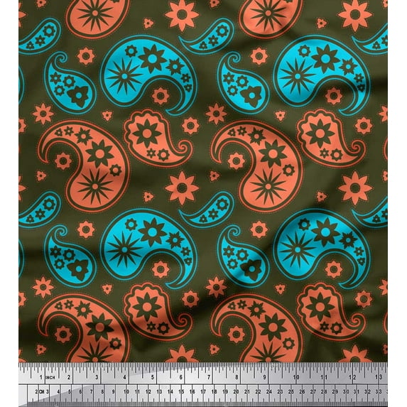 Soimoi Green Silk Fabric Floral & Paisley Print Fabric by Yard 42 Inch Wide
