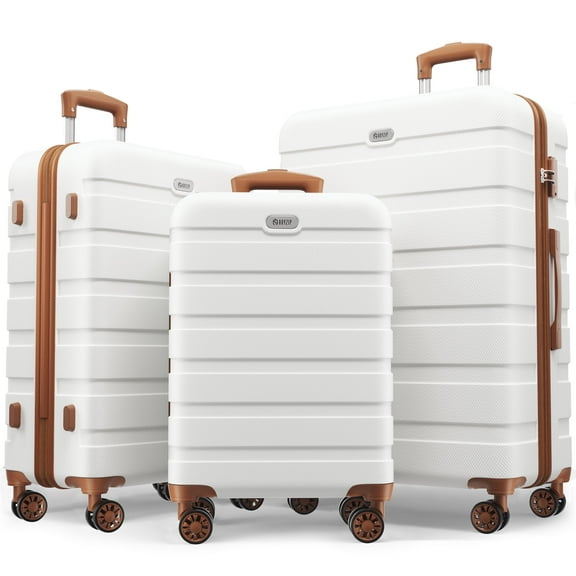 Luggage Set 3 Piece,PC ABS Lightweight Hardside Suitcases with TSA Lock,Carry on luggage with Wheels,WhiteBrown