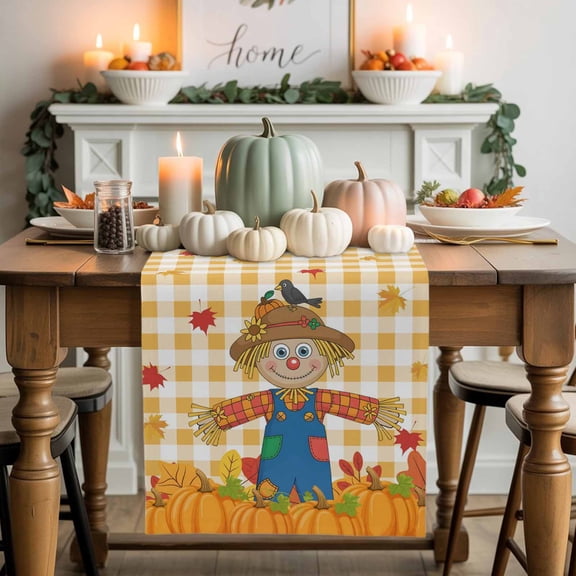 Thanksgiving Scare Crow Cotton Linen Table Runner, Washable Table Runners for Kitchen, Dining Room, Holiday, Home Party Table Decor, 13x60 Inches