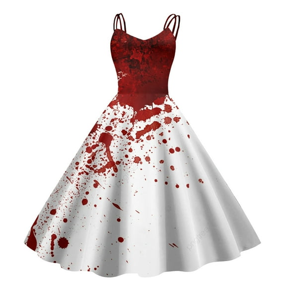 Women's Fashionable Retro Halloween Funny Printed Strap Casual Long Dress (2)Brick Red L