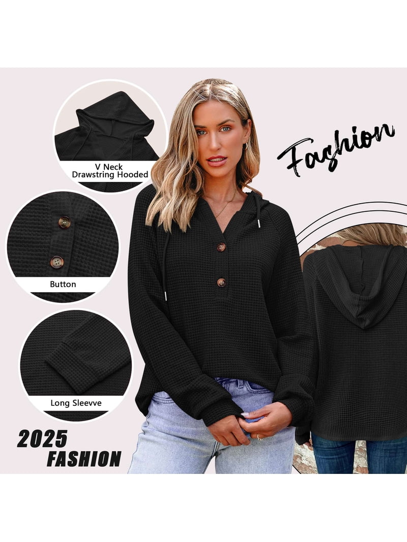 Women's Hoodies With Button Front - Long Sleeve Knit Waffle Sweatshirts, Loose Fit V-Neck Pullover For Fall 2025