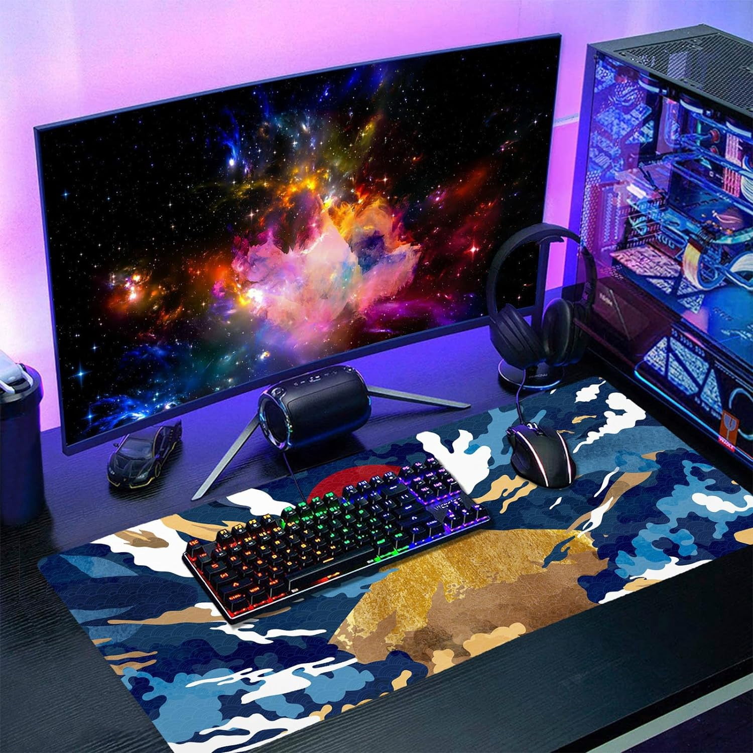 Blue White Japanese Anime Gaming Mouse Pad XXL Aesthetic Gold Mountian Red Sun Extended Big Large Desk Mat Non-Slip Rubber Base Stitched Edge Long Keyboard Mousepad for PC Computer,35.4×15.7 Inches