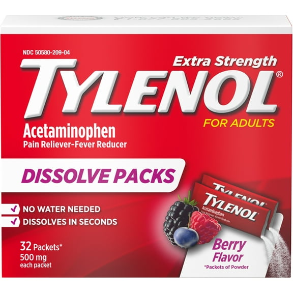 Tylenol Extra Strength Dissolve Packs with Acetaminophen for Pain & Fever, Berry, 32 ct (Pack of 2)