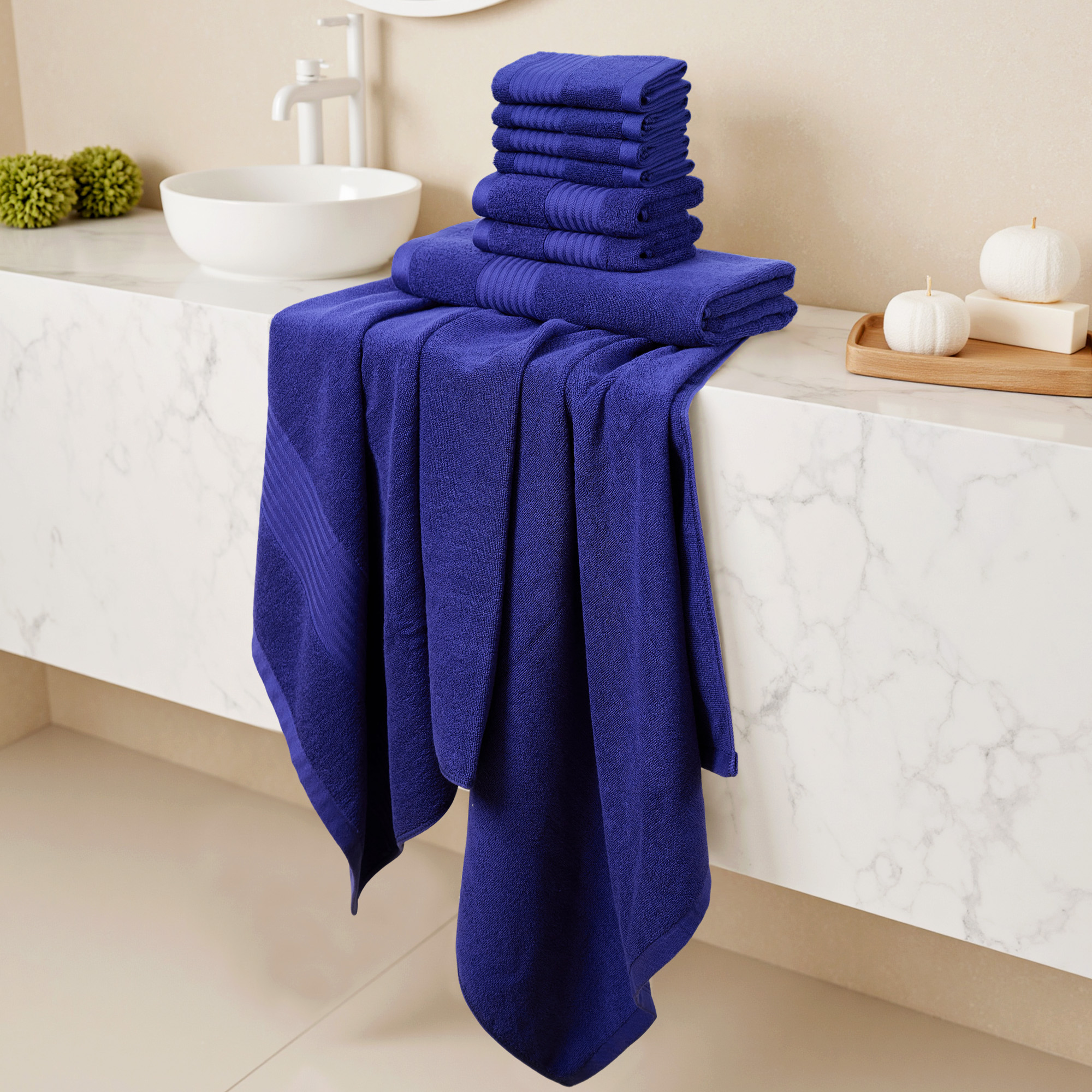 8 Piece Cotton Bath Towel Set, 2 Oversized Bath Towel, 2 Hand Towels & 4 Wash cloths Ideal for Spa, Hotel & Family Bathrooms, Navy Blue