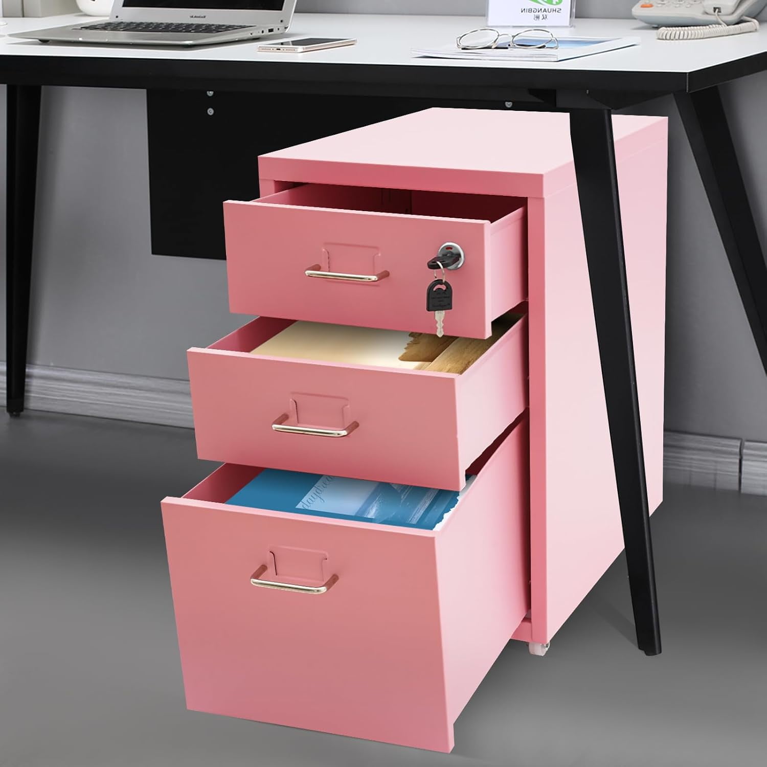 3 Drawer Pikn File Cabinet, Metal Filing Cabinets with Lock, Pink Vertical Filing Cabinet Under Desk for Home Office, Heavy Duty Metal Storage Cabinet for A4/Letter/Legal Size File