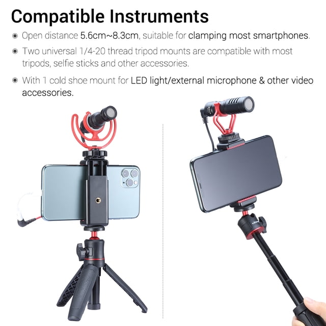 Support de Téléphone Réglable Clip de Téléphone Vlog avec Trous de Vis de 1/4 Pouce Chaussure Froide Extensible pour Téléphone Intelligent de 5.6-8.3cm de Largeur pour Trépied Lumière LED Microphone
