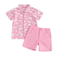 thumbnail image 2 of Douhoow 2Pcs Toddler Boys Summer Shark Outfits Short Sleeve Button Down Dinosaur Flamingo Shirt + Solid Shorts 12M 18M 24M 3T 4T Baby Clothing Set, 2 of 9