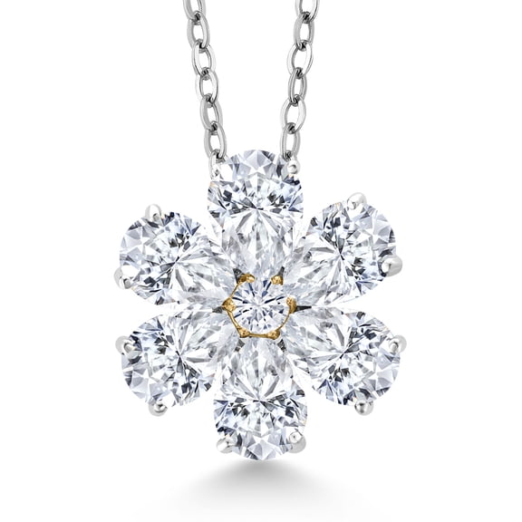 Gem Stone King 925 Sterling Silver and 10K Yellow Gold White Moissanite Pear Shape Flower Pendant Necklace for Women (2.47 Cttw, with 18 inch Chain)
