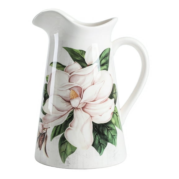 Bico Magnolia Floral Ceramic 2.5 Quarts Pitcher with Handle, Decorative Vase for Flower Arrangements, Dishwasher Safe