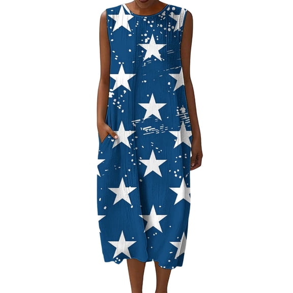 Fewfanhot Women's 4th of July 250th Anniversary American Flag Print Midi Dress, Crew Neck Sleeveless Patriotic Loose Fit Sundress with Pockets, Casual Summer Tank Dress