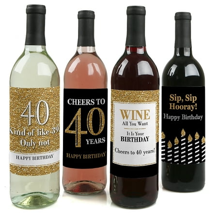 40th Birthday Party Cakes - Adult 40th Birthday - Gold - Party Decorations for Women and Men - Wine Bottle Label Stickers - Set of 4