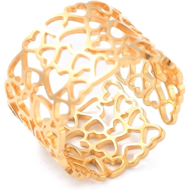 Anillo de puño con forma de corazón hueco, banda ancha abierta, anillo personalizado para nudillos, joyería delicada y moderna para mujer, dorado. Diámetro: 17,3 mm.