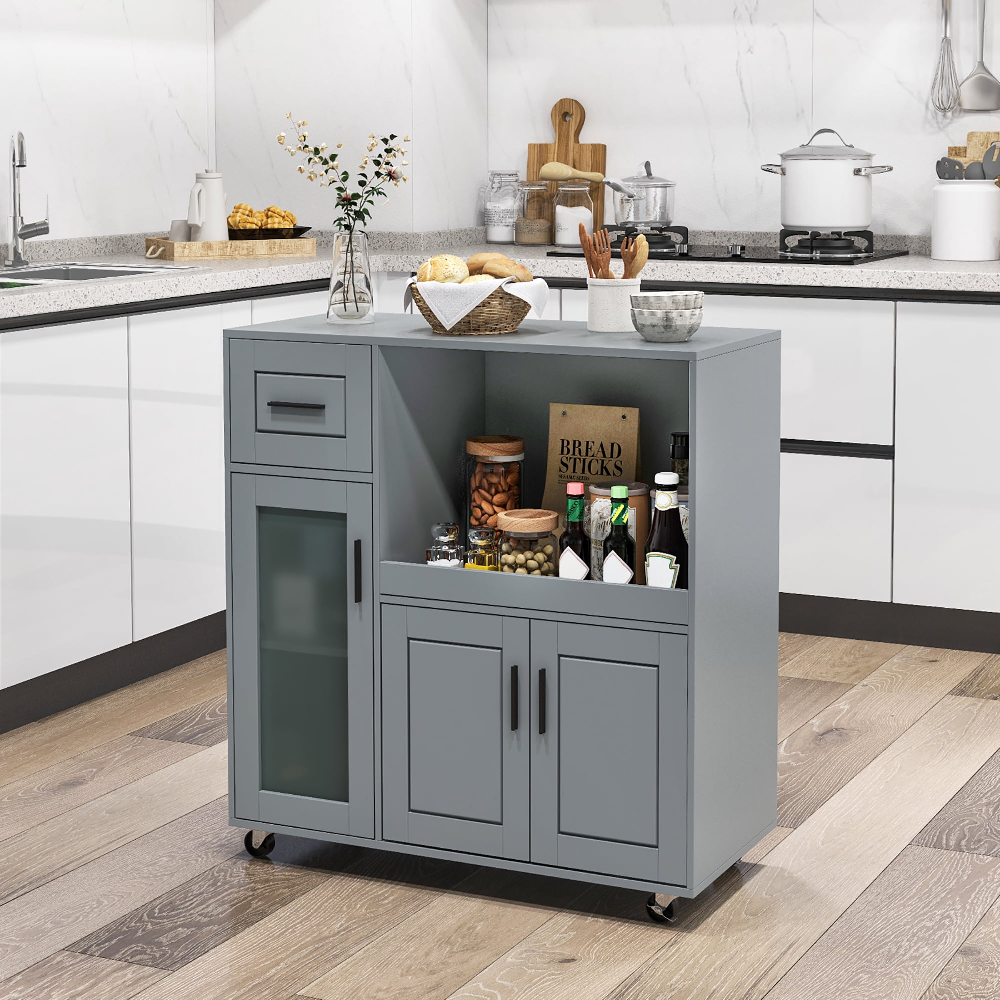 Gymax Kitchen Island Cart on Wheels Microwave Cabinet w/ Frosted Tempered Glass Door
