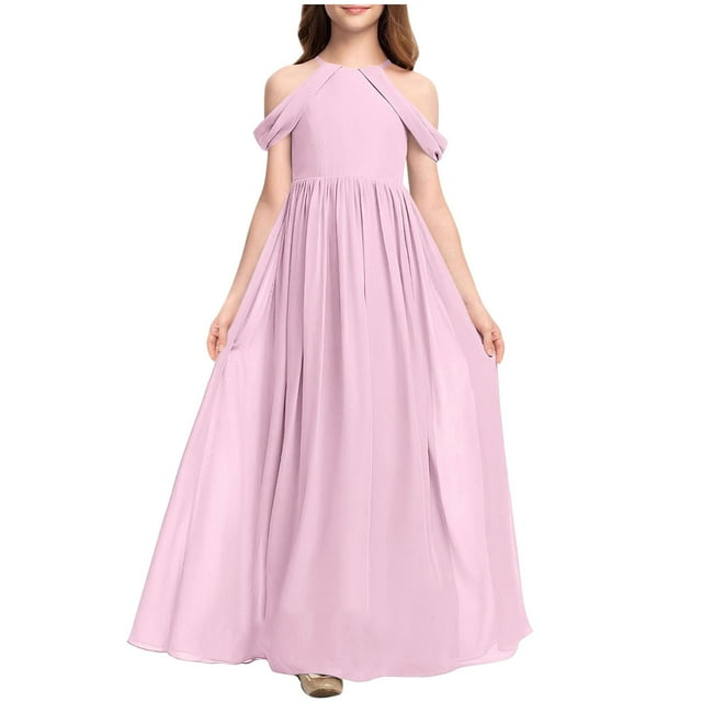 Ashirexll Robes Filles Sans Manches Col Rond Couleur Unie Robe en Tissu Chiffon Longueur Longue Rose 8-9 Ans