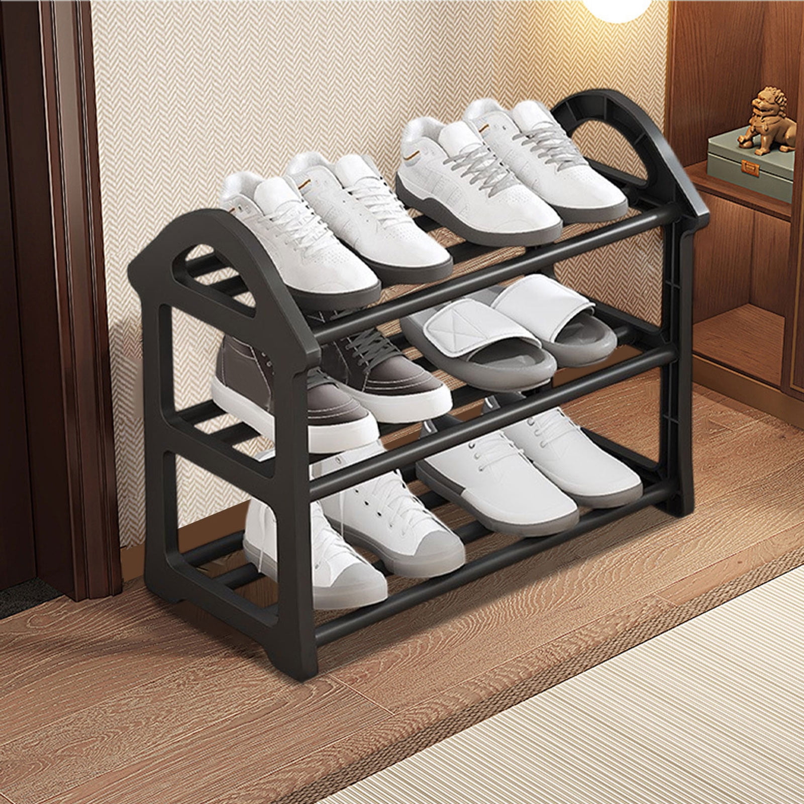Merryso 3 Tier Plastic Shoe Rack, Black Shoe Organizer for Entryway, Closet & Bedroom, Easy Install Small Shoe Storage with Slatted Ventilated Design, Space Saving Shoe Holder