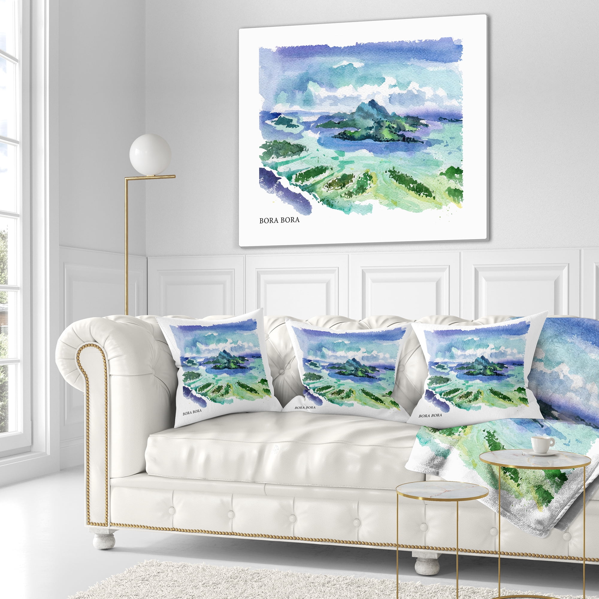 Designart Bora Bora Vector Illustration - Cityscape Painting Throw Pillow - 18x18
