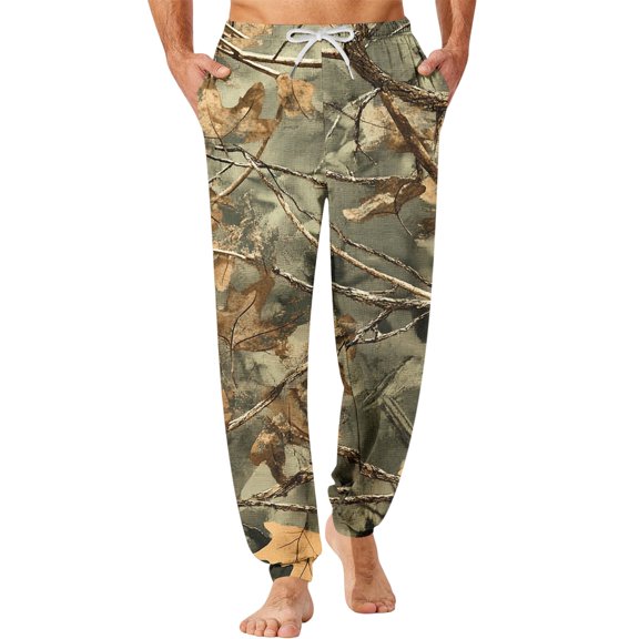 Men's Camouflage Print Jogger Pajama Pants, Drawstring Two Pocket Cuffed Lounge Sleep Trousers Nightwear Slacks, Yellow, M