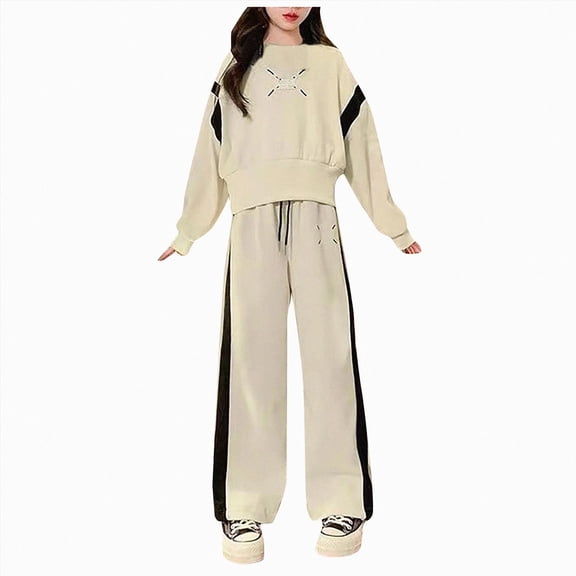 Gubotare Fall Outfits for Girl Girls Solid Color Sweatshirt with Bowknot & Elastic Waist Pants 2pcs Outfits Size 14-16 (Beige,14-16 Years)
