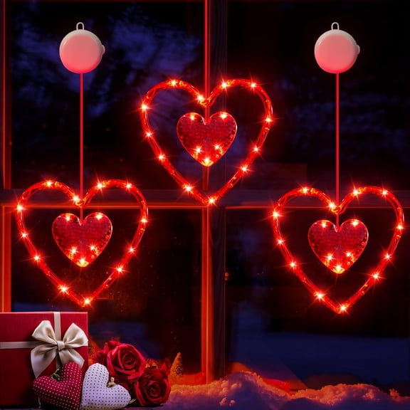 3 Pack Valentines Day Window Lights Decorations with Timer, Battery Powered Hanging Red Lighted Heart Shaped Silhouette Sucker LED Lamp for 2025 Holiday Fireplace Indoor Home Decor