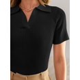 thumbnail image 3 of Women's Short Sleeve V Neck T Shirts 2024 Summer Knit Slim Fitted Basic Solid Color Tee Tops, 3 of 6