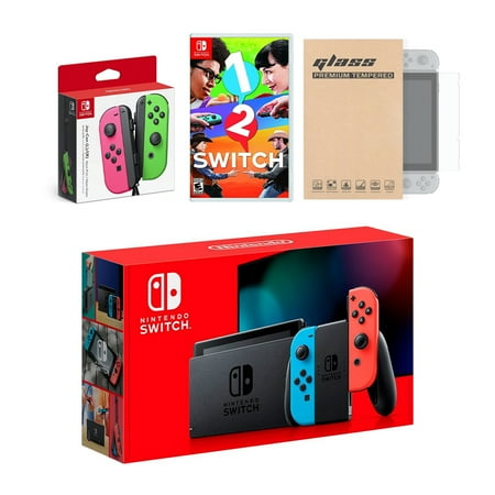 Nintendo Switch Red/Blue Joy-Con Console Bundle with an Extra Pair of Neon Pink/Green Joy-Con, 1-2 Switch, and Mytrix Tempered Glass Screen Protector